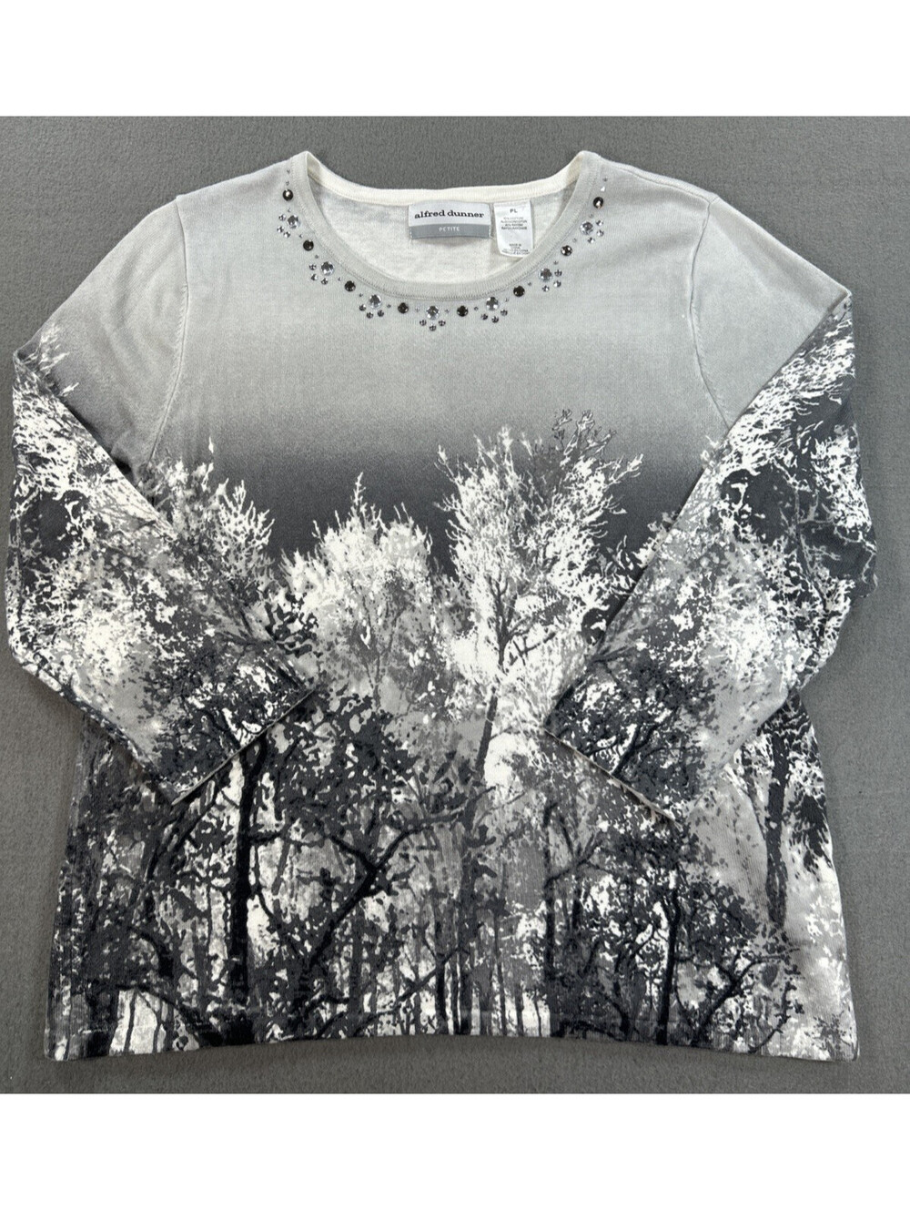 Alfred Dunner Size L Petite Grey Tree Line Knit Top 3/4 Sleeve Rhinestones LNC